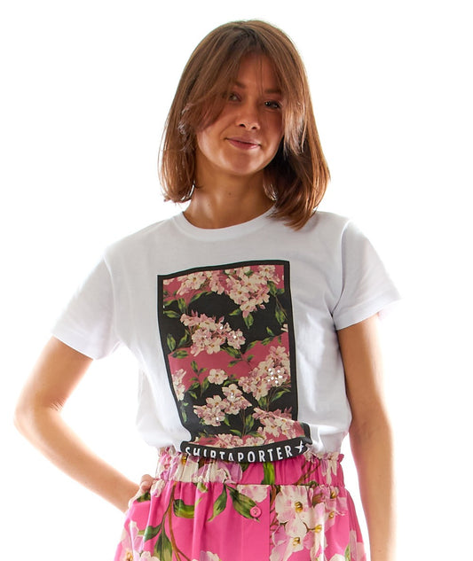 SHIRTAPORTER T-SHIRT CON STAMPA CARTOLINA FIORE TS2766 BIANCO