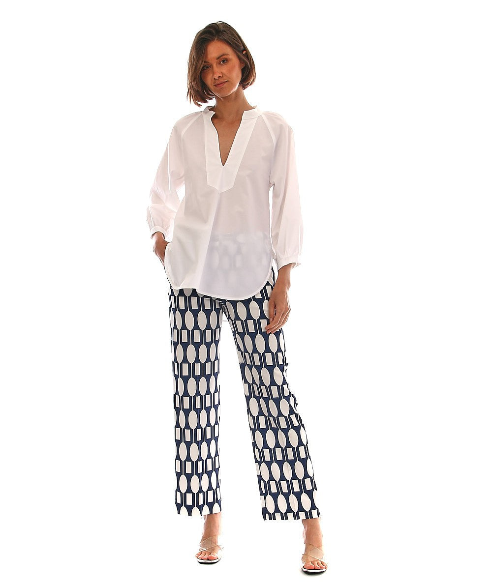 MONDRIAN PANTALONE IN FANTASIA GEOMETRICA BLU E BIANCO 38038