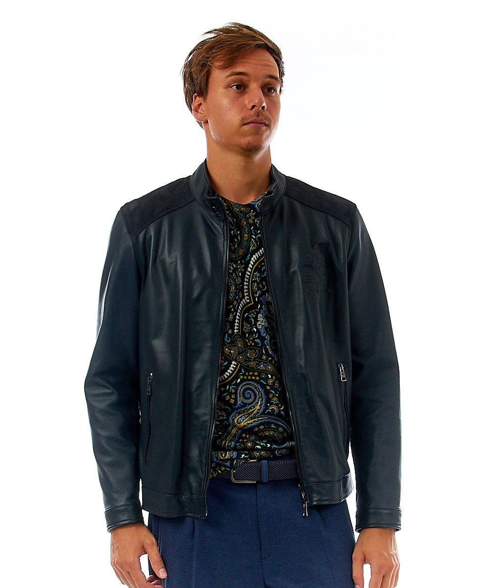 ETRO BIKER IN PELLE CON LOGO ETRO CUBE 1L965 7917 0200 BLU