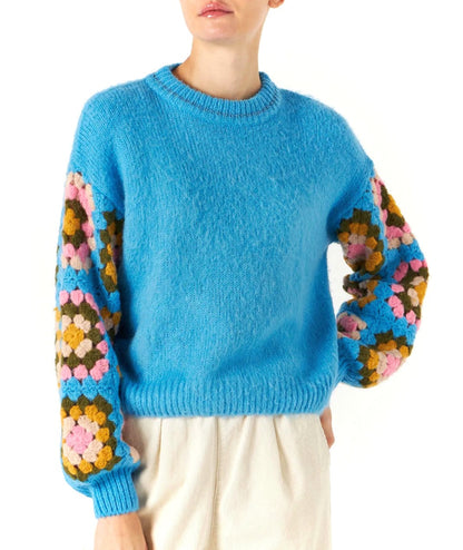 MC2 SAINT BARTH MAGLIONE CON MANICHE CROCHET DANYA SOFT CROCHET AZZURRO