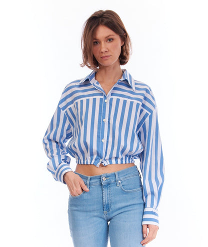 SEMICOUTURE CAMICIA CROPPED A RIGHE SYBELLA Y3SK19 BIANCO BLU