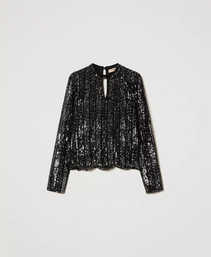 TWINSET BLUSA SCOLLO A GOCCIA PAILLETTES 232TT2053 NERO