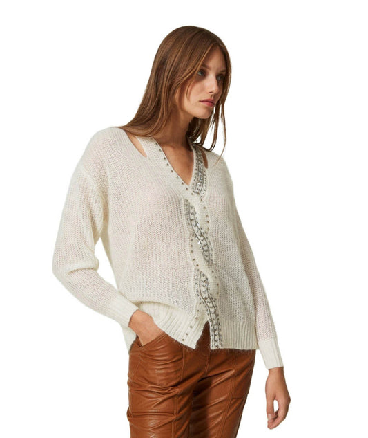 TWINSET MAGLIONE CON TRECCIA PAILLETTES 232TT3390 BIANCO