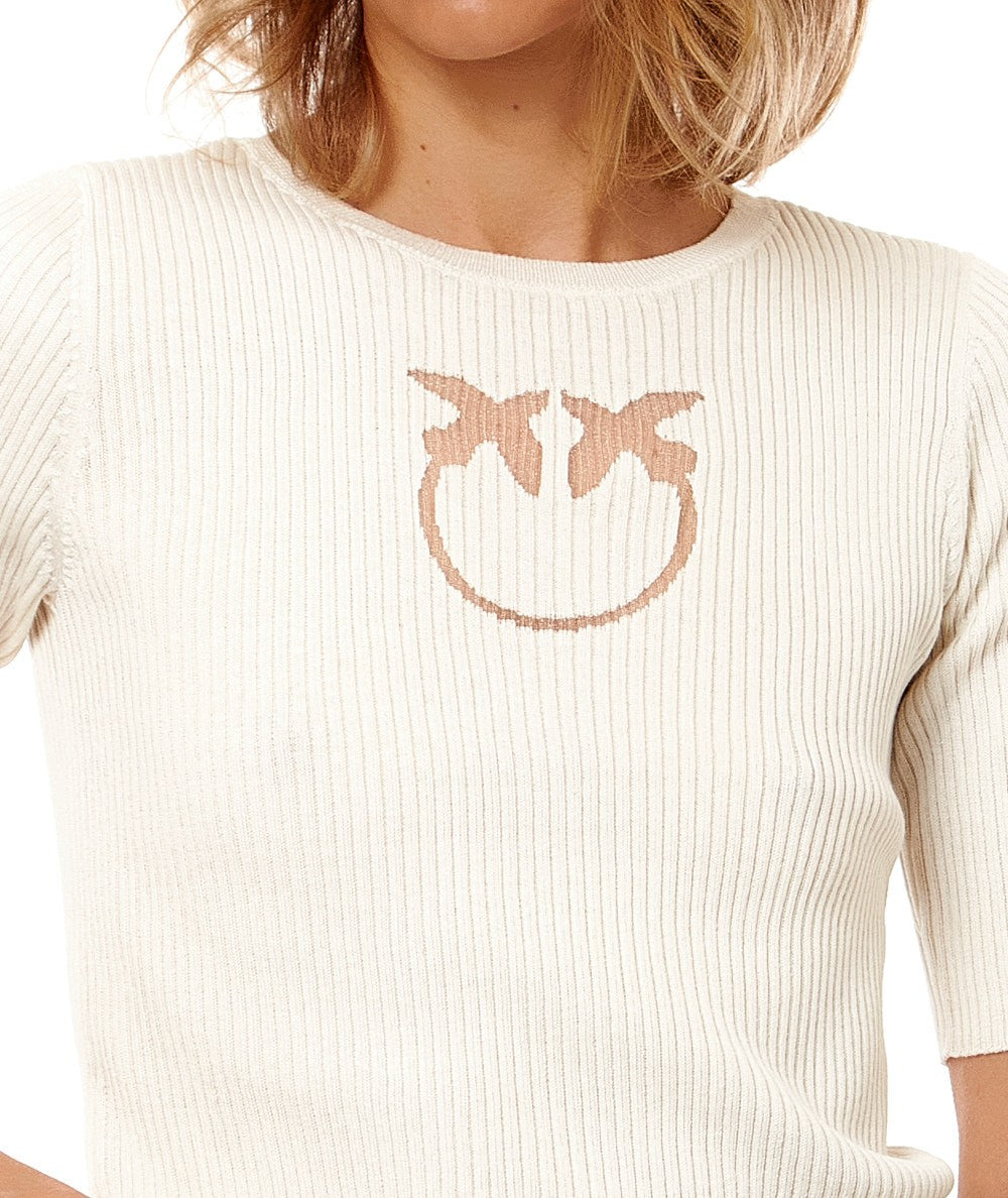 PINKO MAGLIA A COSTINE CON LOGO IN TRASPARENZA TRITONE BIANCO