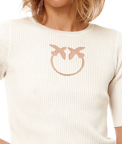 PINKO MAGLIA A COSTINE CON LOGO IN TRASPARENZA TRITONE BIANCO