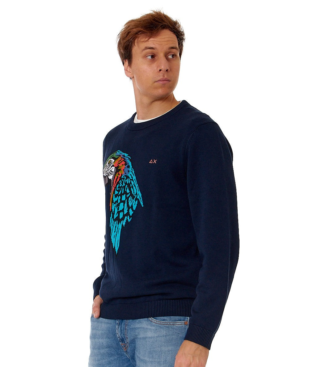 SUN68 MAGLIA GIROCOLLO CON INTARSIO PAPPAGALLO K34135 BLU NAVY