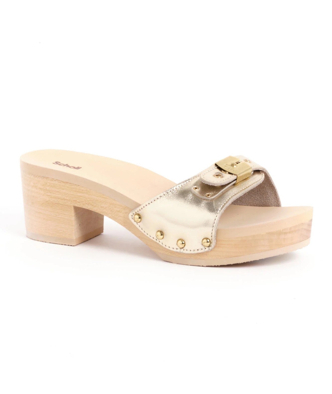 SCHOLL ZOCCOLI IN LEGNO E PELLE METALIZZATA PESCURA IBIZA F314262329 ORO