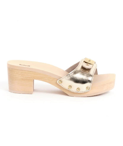 SCHOLL ZOCCOLI IN LEGNO E PELLE METALIZZATA PESCURA IBIZA F314262329 ORO