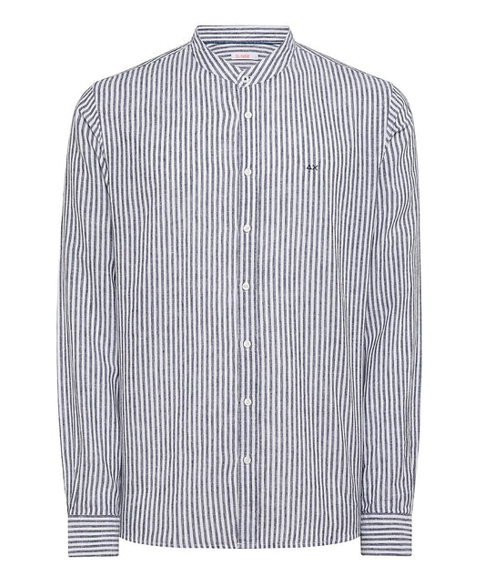 SUN68 CAMICIA COREANA IN LINO A RIGHE S34107 BIANCO AZZURRO