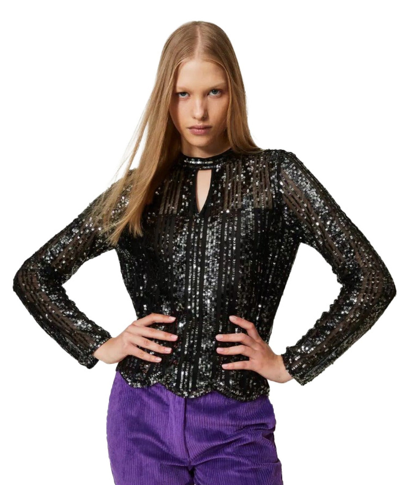 TWINSET BLUSA SCOLLO A GOCCIA PAILLETTES 232TT2053 NERO