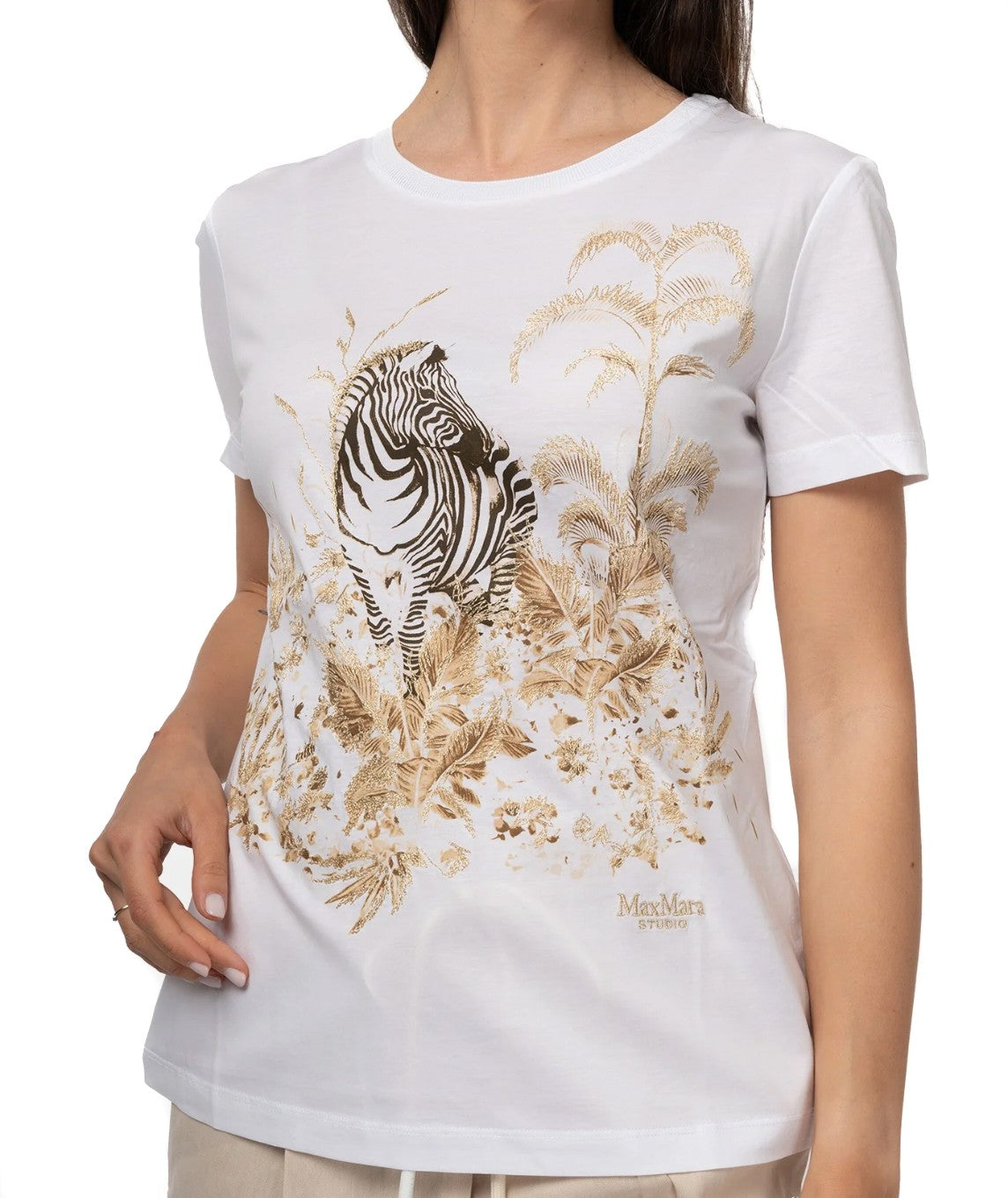 MAX MARA STUDIO T-SHIRT IN COTONE STAMPA ZEBRE RITA BIANCO