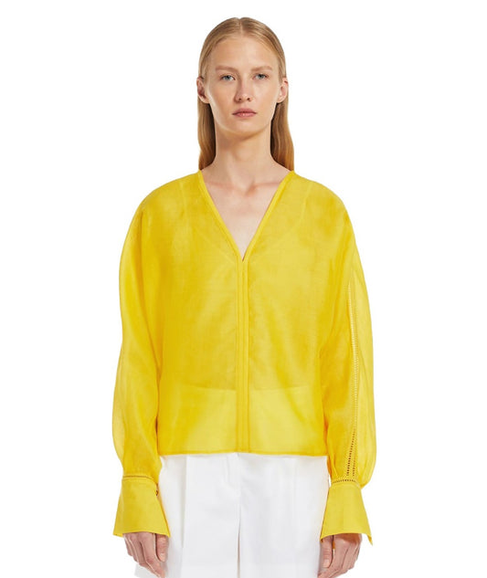 MAX MARA STUDIO BLUSA IN GARZA E PIZZO A JOUR LECCIO GIALLO