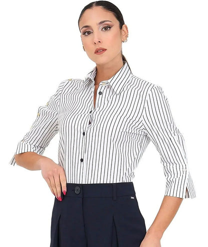 PINKO CAMICIA A RIGHE IN POPELINE CECROPE BIANCO NERO