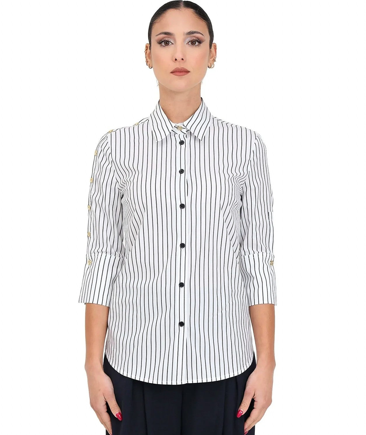 PINKO CAMICIA A RIGHE IN POPELINE CECROPE BIANCO NERO