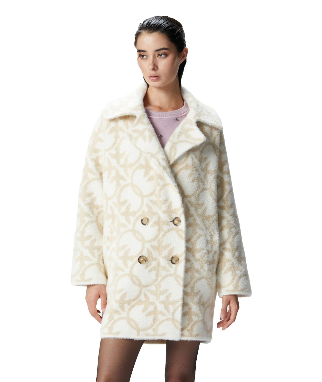 PINKO CAPPOTTO IN FAUX FUR CON LOGO TORO PANNA BEIGE