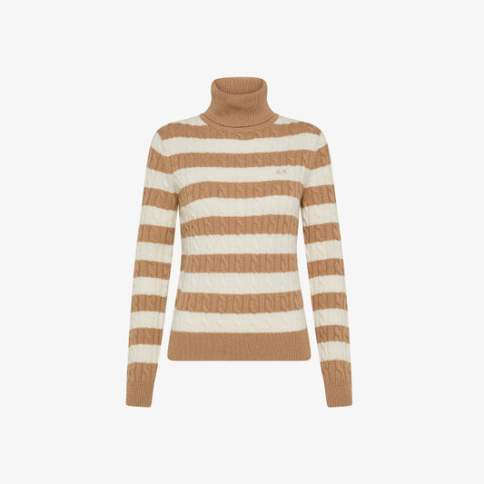 SUN68 MAGLIA TURTLE NECK CABLE STRIPES k44255 BEIGE BIANCO