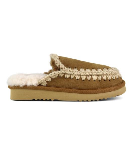 MOU PANTOFOLE IN PELLE SCAMOSCIATA ESKIMO STITCHING CLOG MU.FW101125A COGNAC