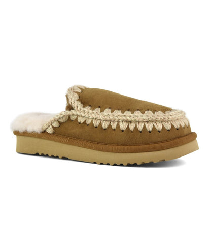 MOU PANTOFOLE IN PELLE SCAMOSCIATA ESKIMO STITCHING CLOG MU.FW101125A COGNAC