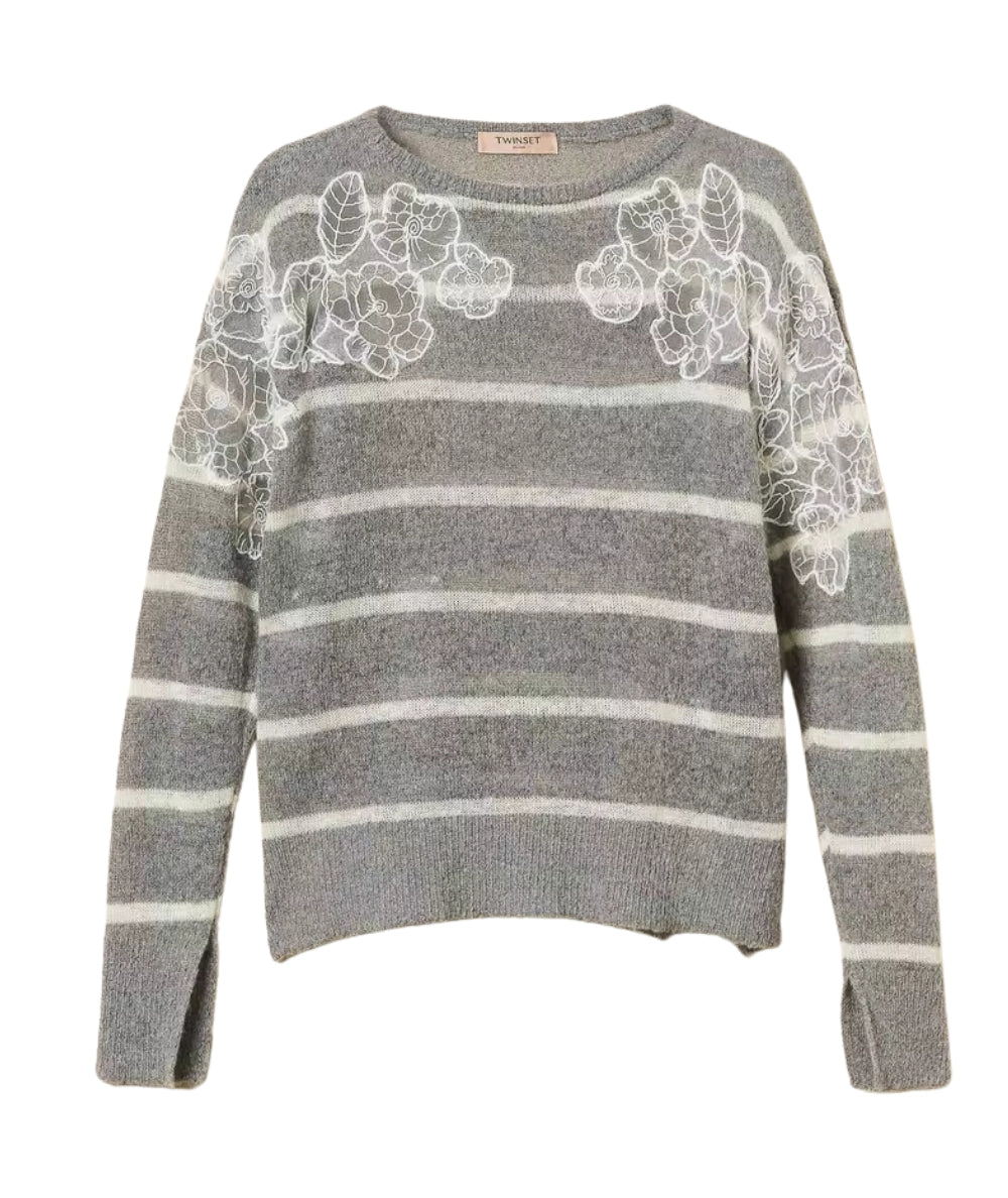 Twinset Striped Sweater with Lace 252TP3252 White Grey
