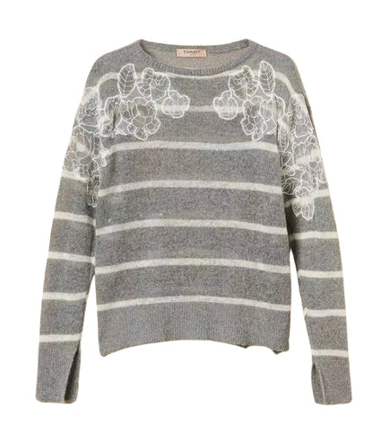 Twinset Striped Sweater with Lace 252TP3252 White Grey