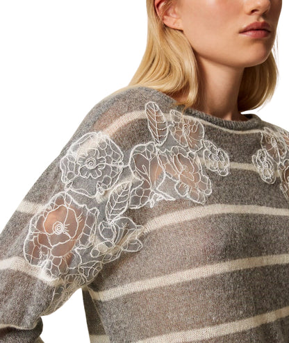 Twinset Striped Sweater with Lace 252TP3252 White Grey