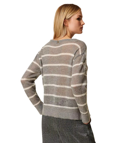 Twinset Striped Sweater with Lace 252TP3252 White Grey
