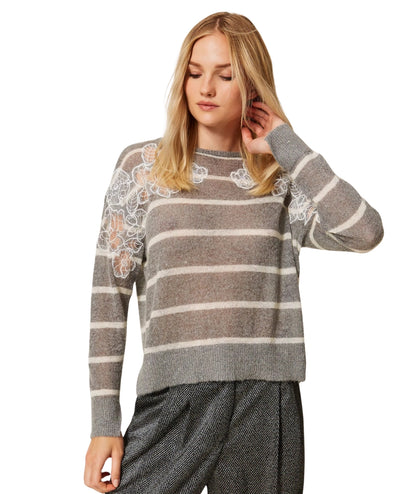 Twinset Striped Sweater with Lace 252TP3252 White Grey