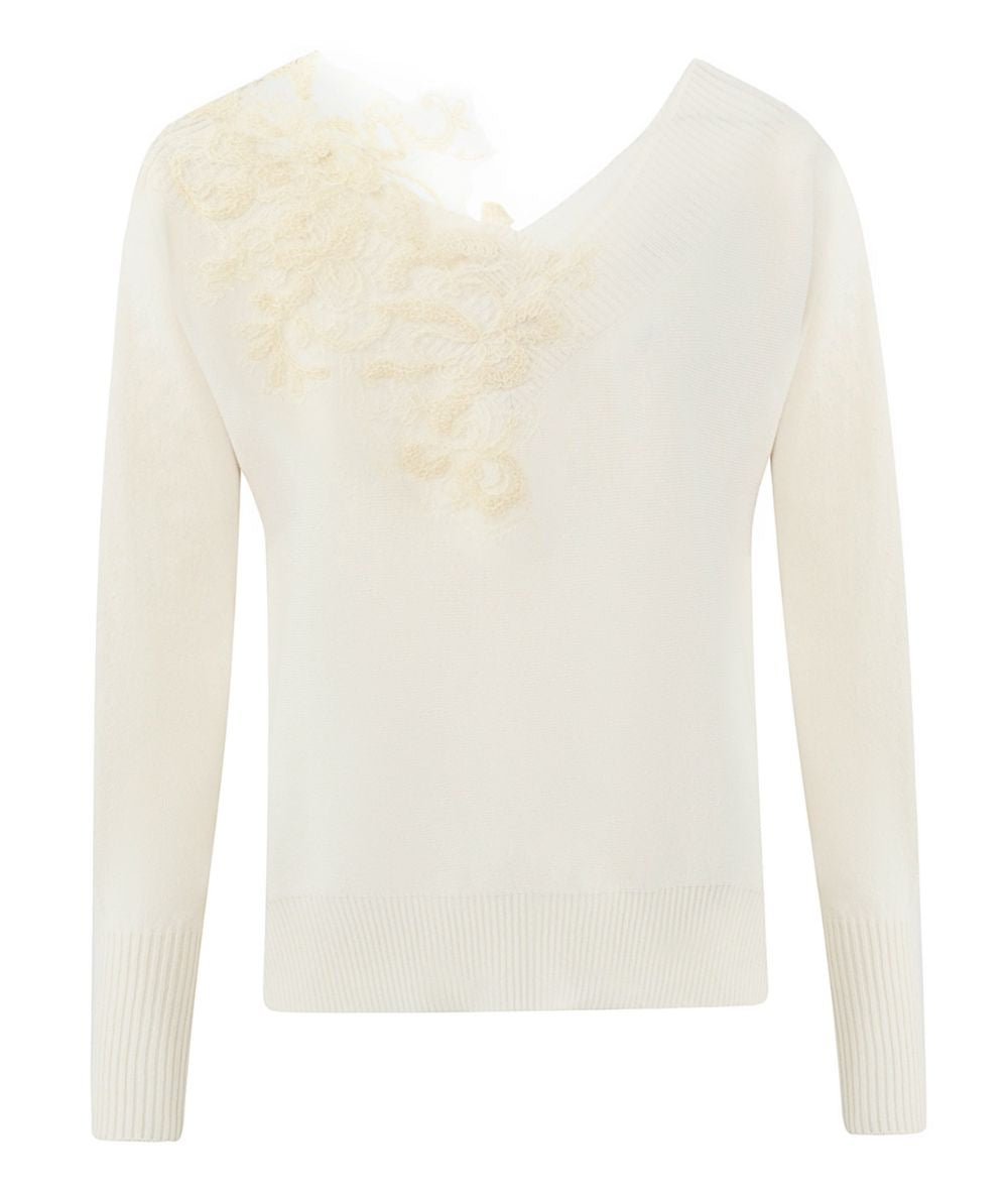 D.Exterior Maglione Scollo a V e applicazione in Pizzo 61081 Bianco Latte