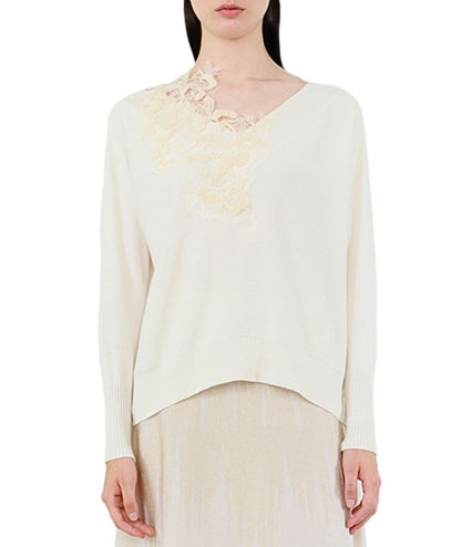 D.Exterior Maglione Scollo a V e applicazione in Pizzo 61081 Bianco Latte