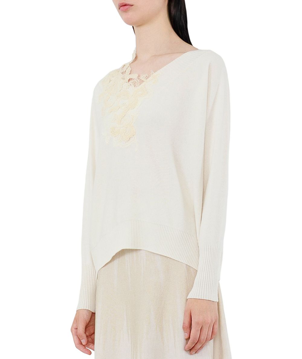 D.Exterior Maglione Scollo a V e applicazione in Pizzo 61081 Bianco Latte