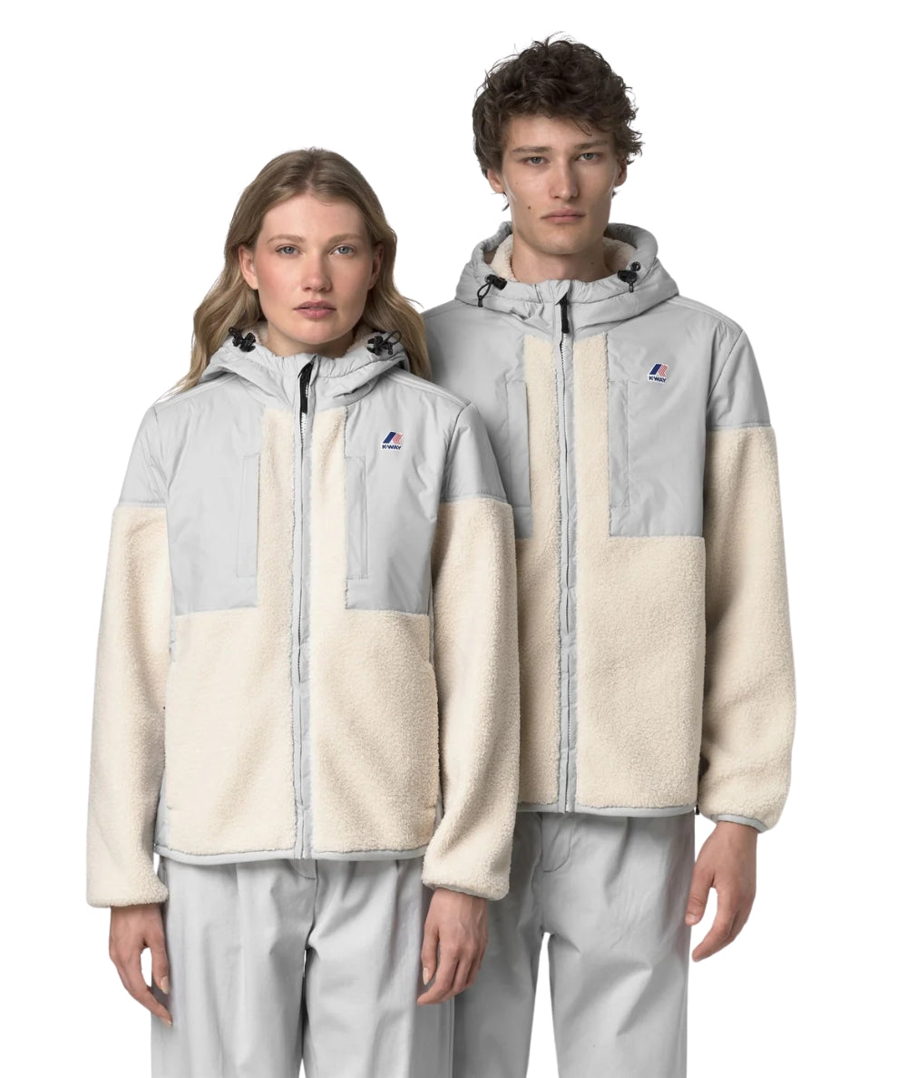 K-Way Giacca Unisex Effetto Sherpa con Cappuccio K5122SW Grigio Ecrù