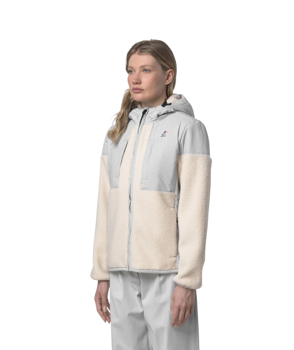 K-Way Giacca Unisex Effetto Sherpa con Cappuccio K5122SW Grigio Ecrù