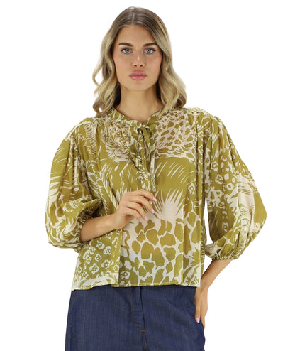 Kaos Jeans Blusa in Mussola con Fantasia Safari SPJTZ017 Verde Oliva