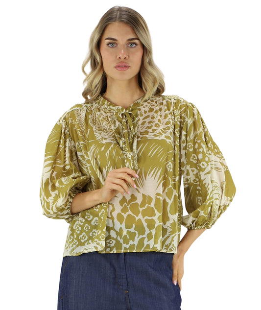 Kaos Jeans Blusa in Mussola con Fantasia Safari SPJTZ017 Verde Oliva