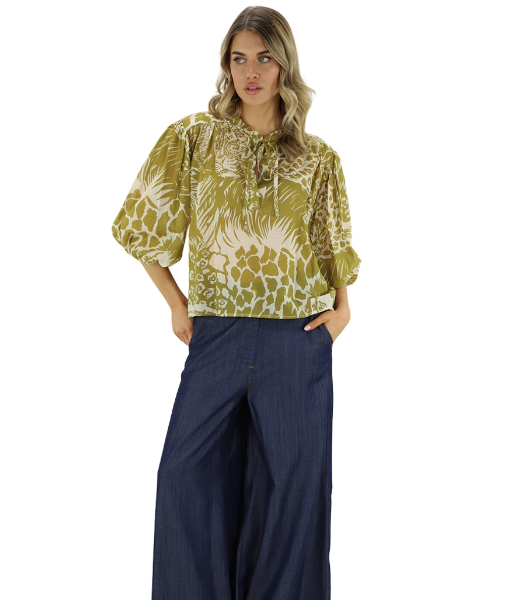 Kaos Jeans Blusa in Mussola con Fantasia Safari SPJTZ017 Verde Oliva