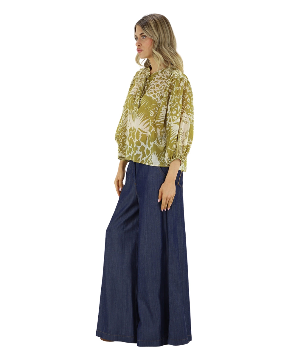 Kaos Jeans Blusa in Mussola con Fantasia Safari SPJTZ017 Verde Oliva