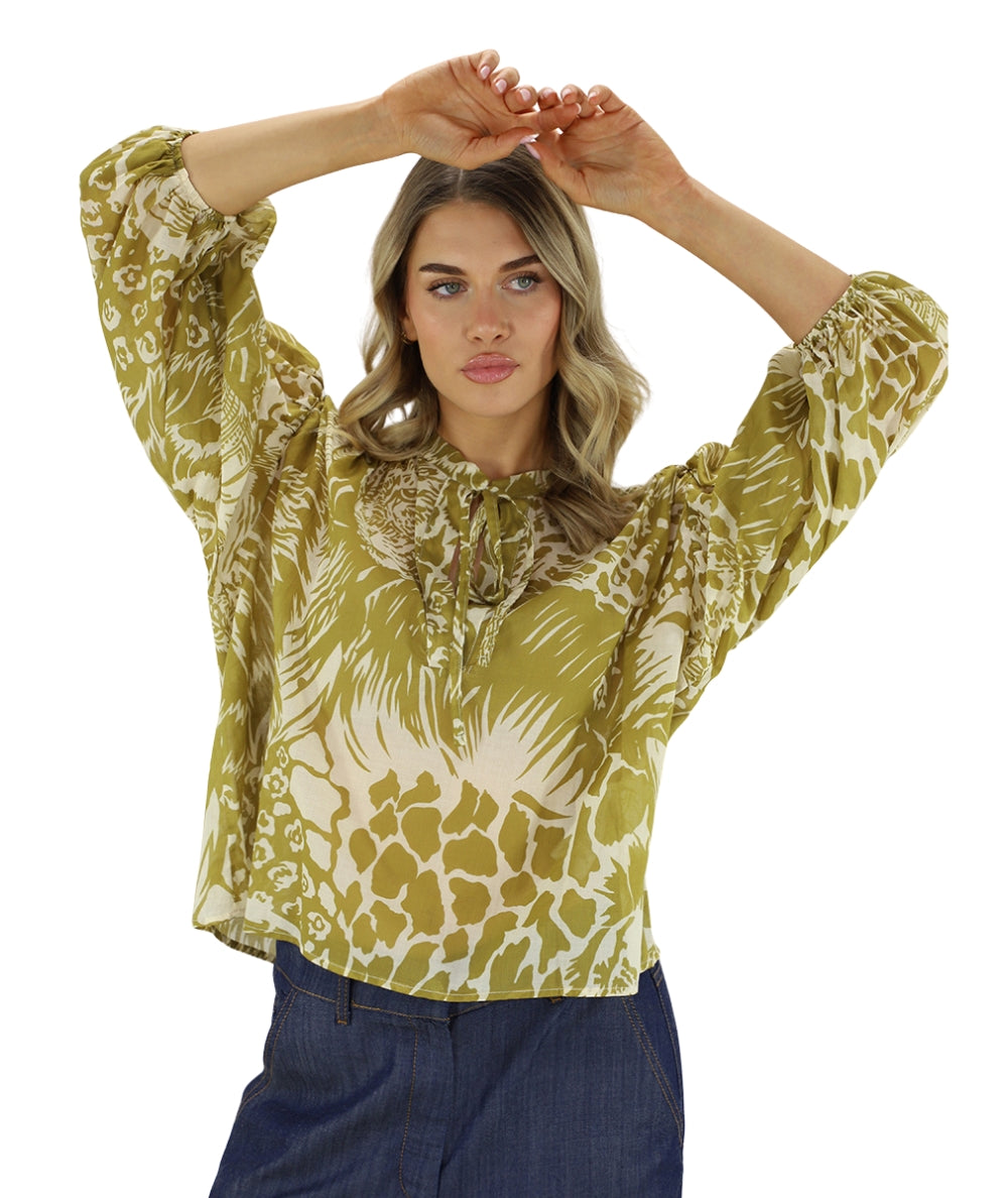 Kaos Jeans Blusa in Mussola con Fantasia Safari SPJTZ017 Verde Oliva