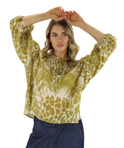 Kaos Jeans Blusa in Mussola con Fantasia Safari SPJTZ017 Verde Oliva