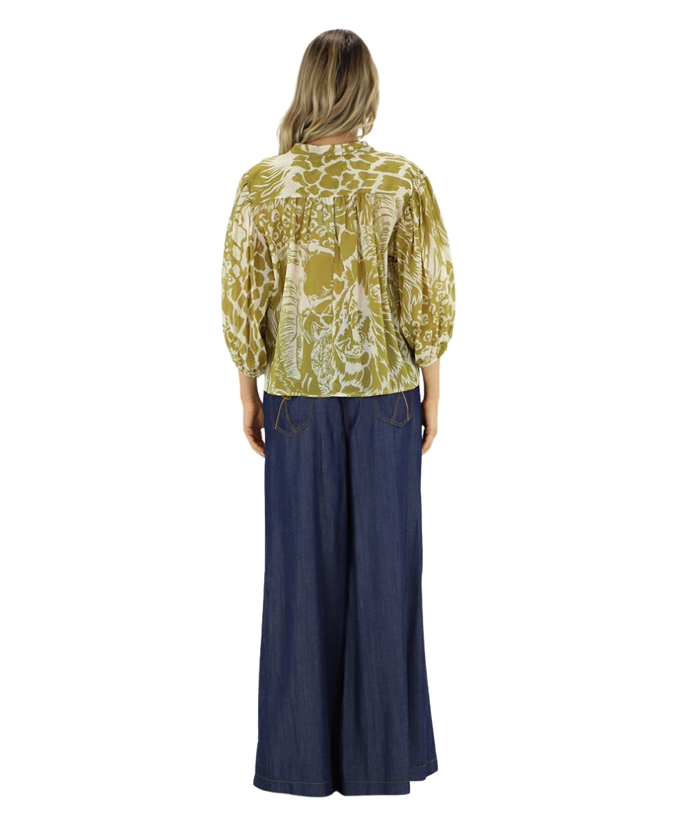 Kaos Jeans Blusa in Mussola con Fantasia Safari SPJTZ017 Verde Oliva