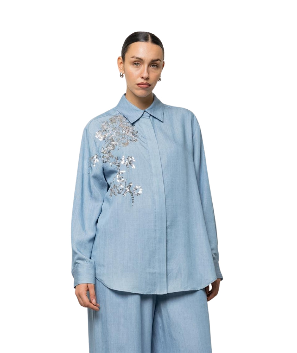 Kaos Jeans Camicia Over con Paillettes SPJNT004 Azzurro