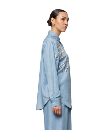 Kaos Jeans Camicia Over con Paillettes SPJNT004 Azzurro