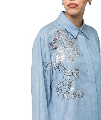 Kaos Jeans Camicia Over con Paillettes SPJNT004 Azzurro
