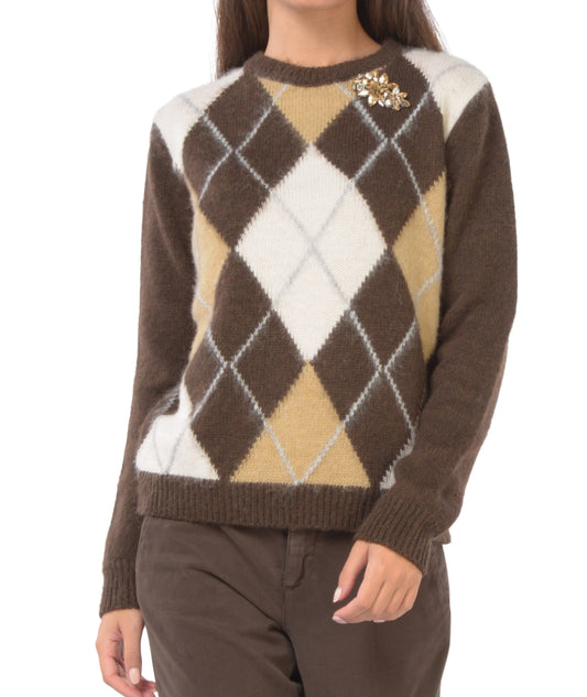 Kaos Jeans Maglione a Losanghe con Spilla RIJFP001 Marrone