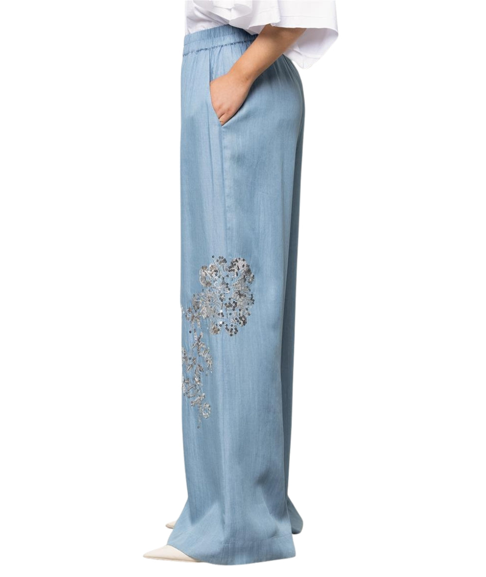 Kaos Jeans Pantalone Wide Leg con Ricamo SPJNT005 Azzurro 
