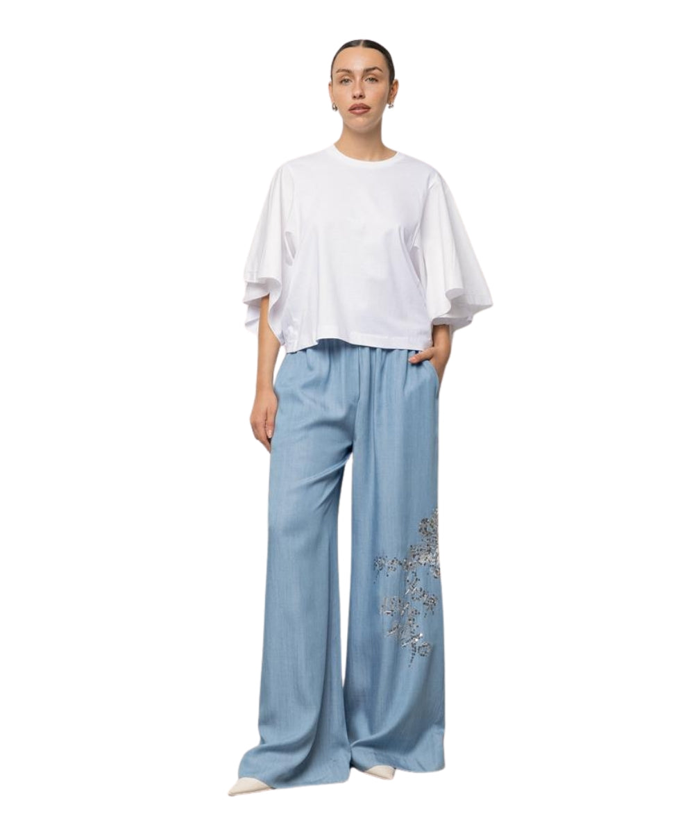 Kaos Jeans Pantalone Wide Leg con Ricamo SPJNT005 Azzurro 