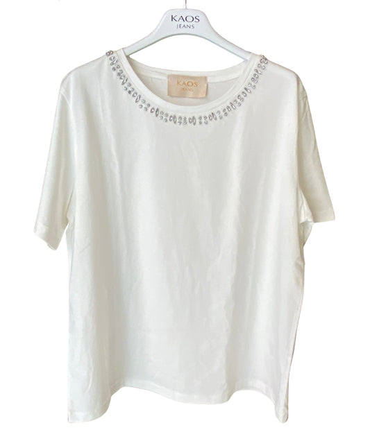 Kaos Jeans T-shirt con Cabochon RIJDK001 Bianco Panna
