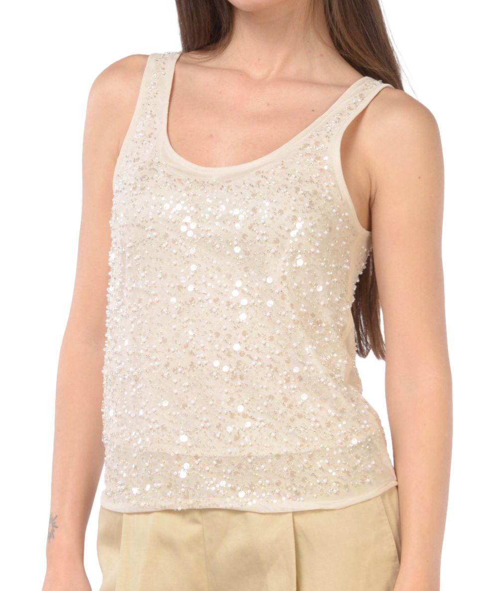 Kaos Top con Paillettes e Perle RP1NT002 Nude