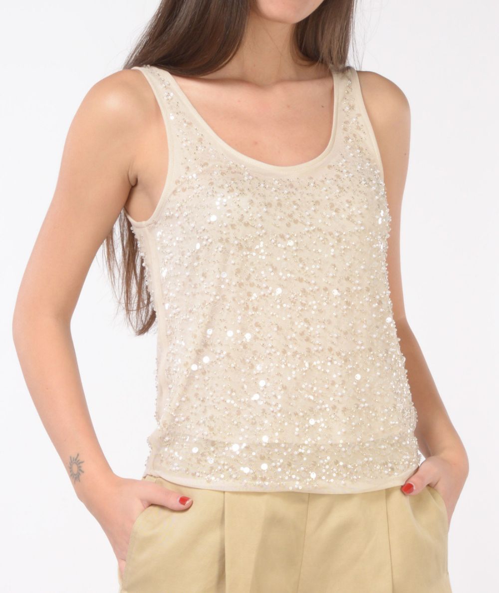 Kaos Top con Paillettes e Perle RP1NT002 Nude