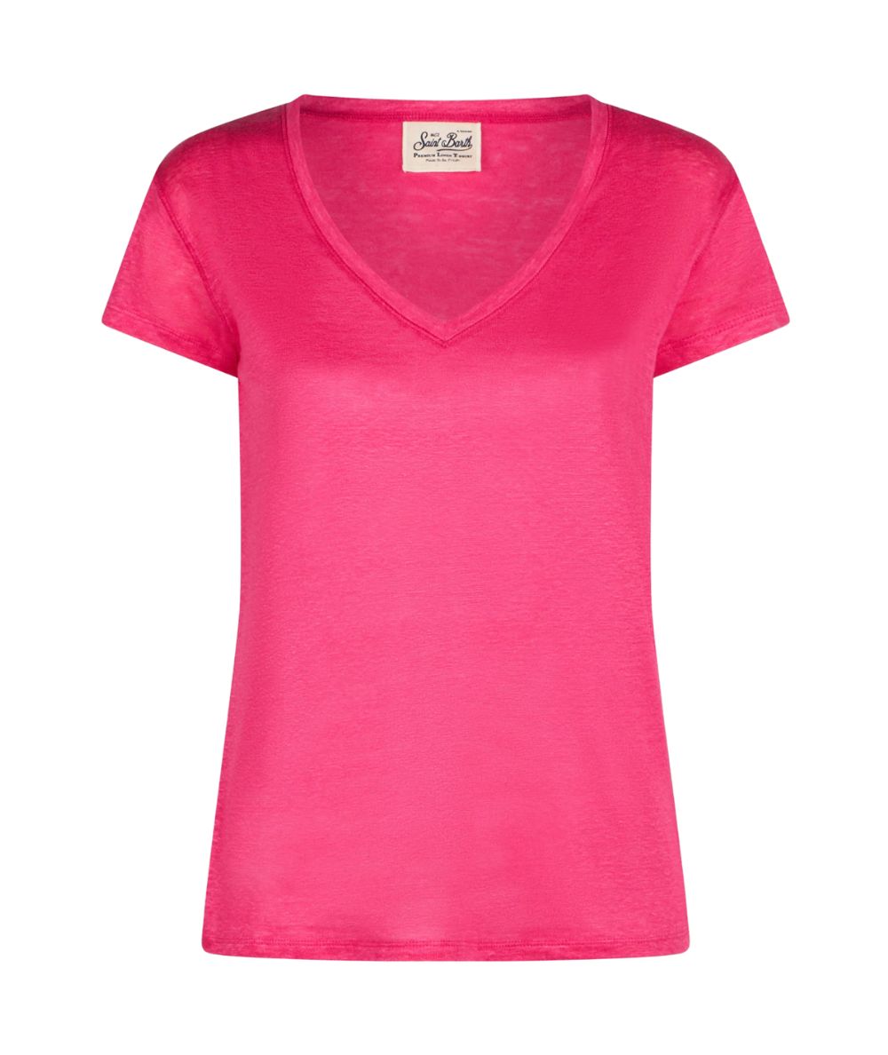MC2 SAINT BARTH ELOISE V-NECK T-SHIRT IN FUCHSIA LINEN