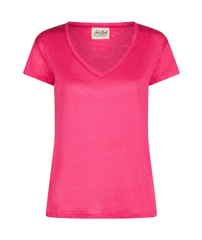 MC2 SAINT BARTH ELOISE V-NECK T-SHIRT IN FUCHSIA LINEN